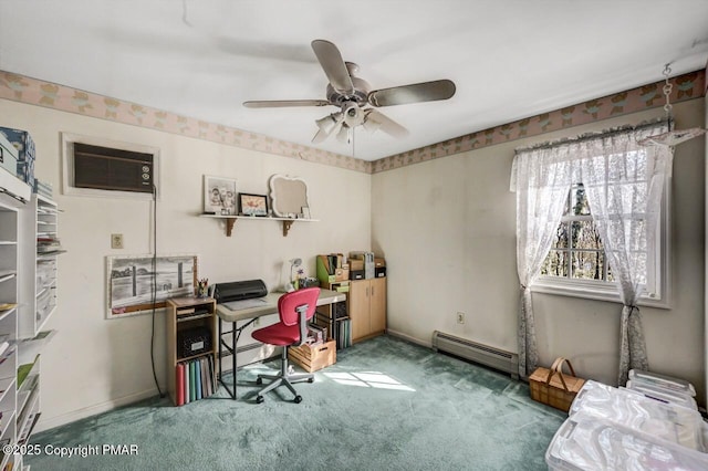 office with a baseboard heating unit, carpet flooring, and ceiling fan