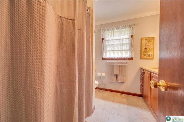 536 Mcilhaney Rd, Stroudsburg, PA 18360 - bathroom with ornamental molding, vanity, tile patterned flooring, and curtained shower