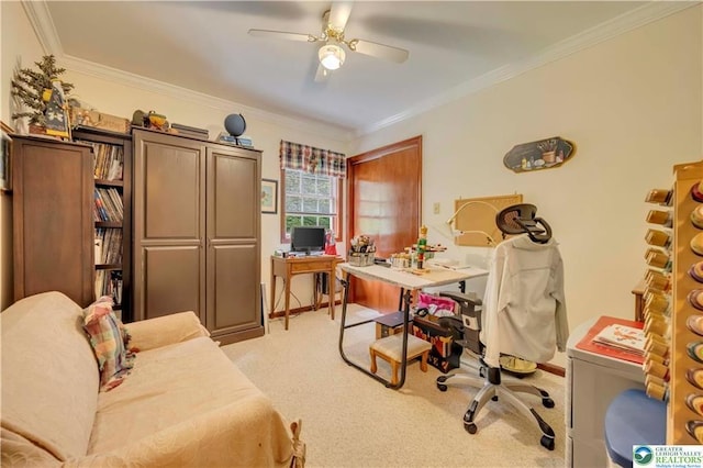 536 Mcilhaney Rd, Stroudsburg, PA 18360 - office area featuring crown molding, light carpet, and ceiling fan