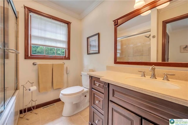 536 Mcilhaney Rd, Stroudsburg, PA 18360 - full bathroom featuring vanity, crown molding, enclosed tub / shower combo, and tile patterned flooring