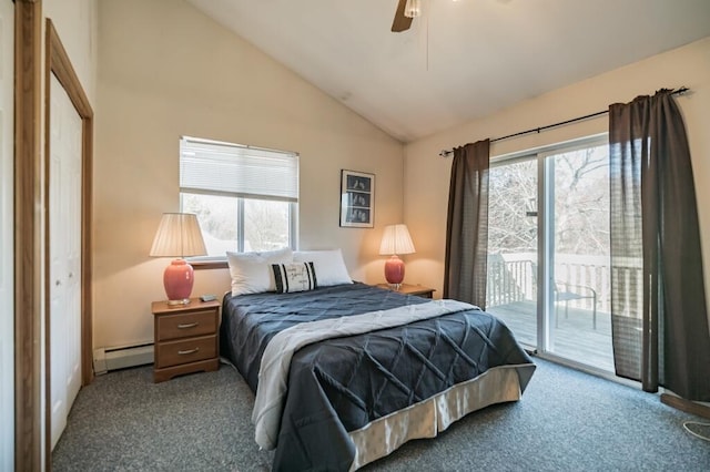 bedroom featuring access to outside, a baseboard heating unit, carpet floors, and vaulted ceiling
