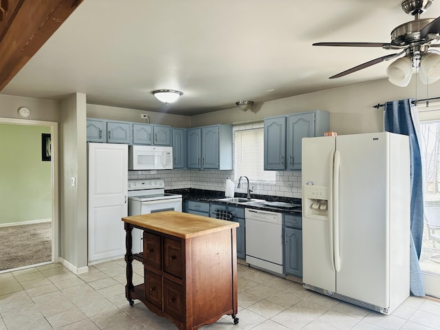 kitchen featuring white appliances, ceiling fan, a sink, and tasteful backsplash