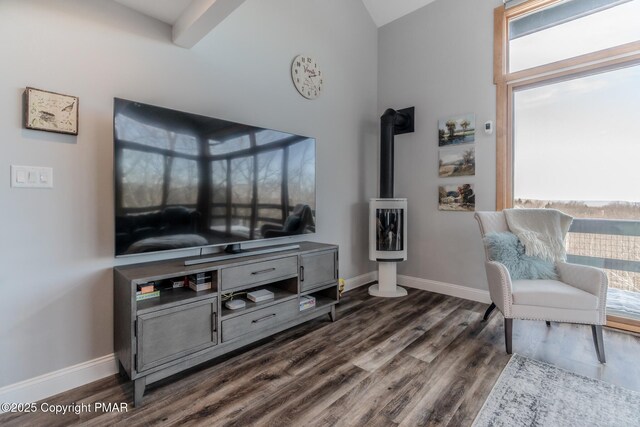 living area with lofted ceiling, dark wood-type flooring, and a wood stove