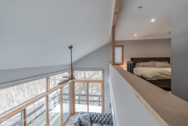 interior space featuring beam ceiling, recessed lighting, and a ceiling fan