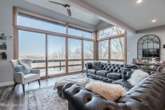 living room with wood-type flooring and lofted ceiling