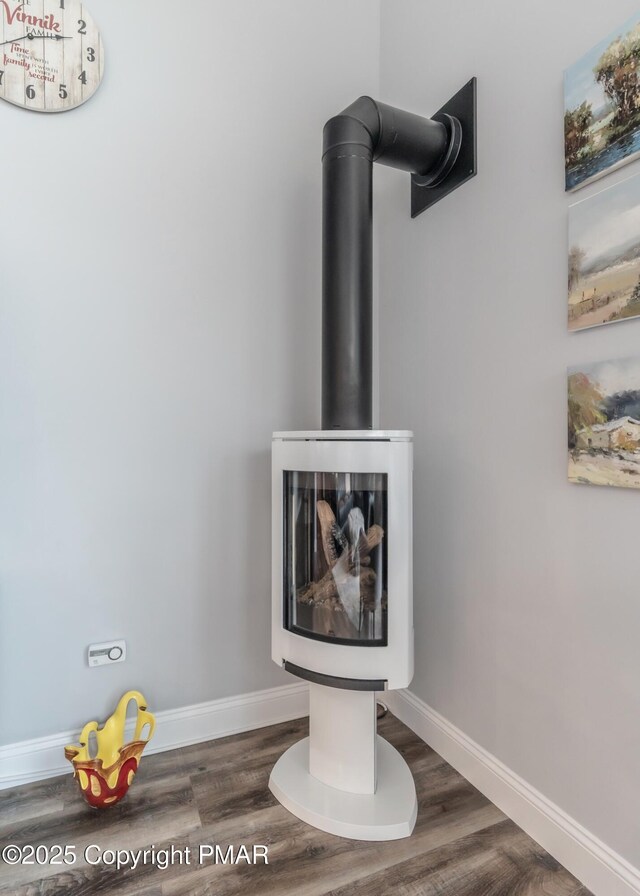 room details featuring hardwood / wood-style flooring and a wood stove