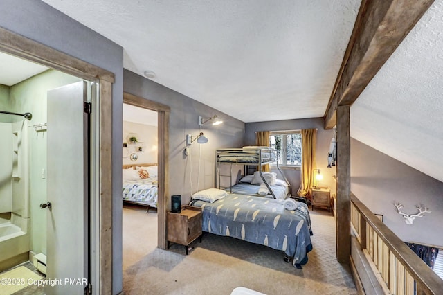 bedroom featuring lofted ceiling and carpet floors