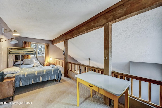 carpeted bedroom with vaulted ceiling with beams and a textured ceiling