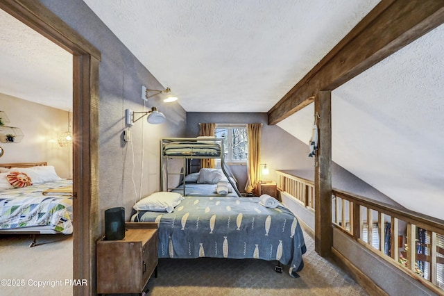 bedroom featuring vaulted ceiling with beams, a textured ceiling, and carpet flooring