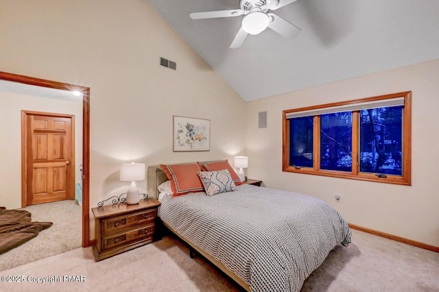 bedroom featuring visible vents, baseboards, a ceiling fan, carpet, and high vaulted ceiling