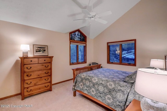 bedroom featuring lofted ceiling, a ceiling fan, baseboards, and carpet flooring