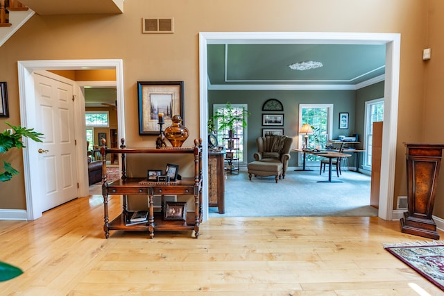 49 Central Dr, Easton, PA 18045 - living area featuring hardwood / wood-style floors, a desk, baseboards, and ornamental molding