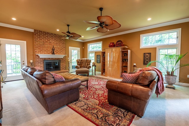 49 Central Dr, Easton, PA 18045 - living room featuring light colored carpet, ornamental molding, recessed lighting, ceiling fan, and a fireplace