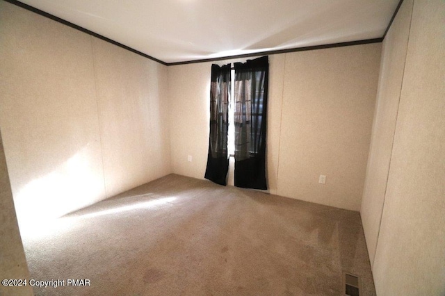 carpeted empty room featuring visible vents and crown molding