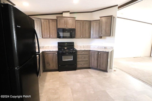 kitchen with recessed lighting, light colored carpet, vaulted ceiling, ornamental molding, and black appliances