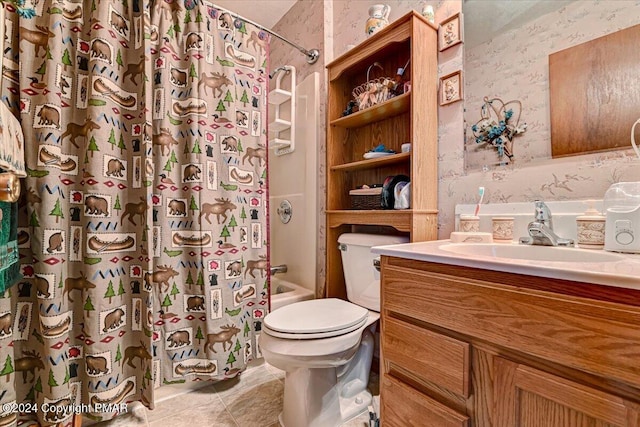 full bath featuring wallpapered walls, toilet, tile patterned flooring, shower / bath combo with shower curtain, and vanity