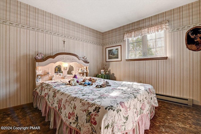 bedroom featuring wallpapered walls, baseboards, baseboard heating, and a textured ceiling