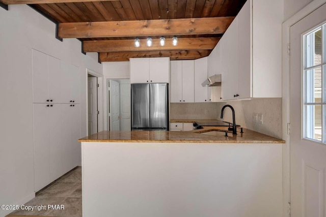 kitchen featuring stainless steel refrigerator, kitchen peninsula, sink, and white cabinets