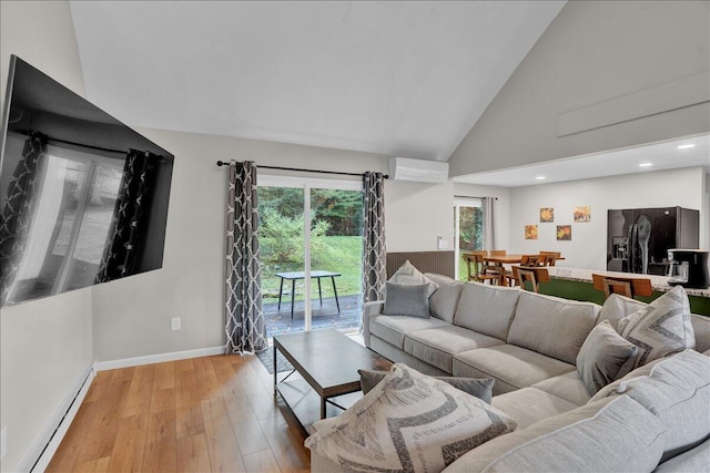 5266 Beechwood Rd, Blakeslee, PA 18610 - living area with wood-type flooring, baseboards, high vaulted ceiling, recessed lighting, and a baseboard heating unit