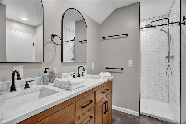 5266 Beechwood Rd, Blakeslee, PA 18610 - bathroom with baseboards, a sink, double vanity, and a shower stall