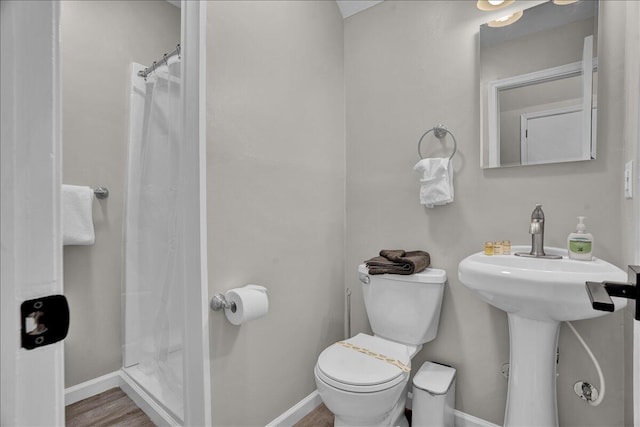 5266 Beechwood Rd, Blakeslee, PA 18610 - bathroom featuring baseboards, wood finished floors, toilet, and a shower with curtain