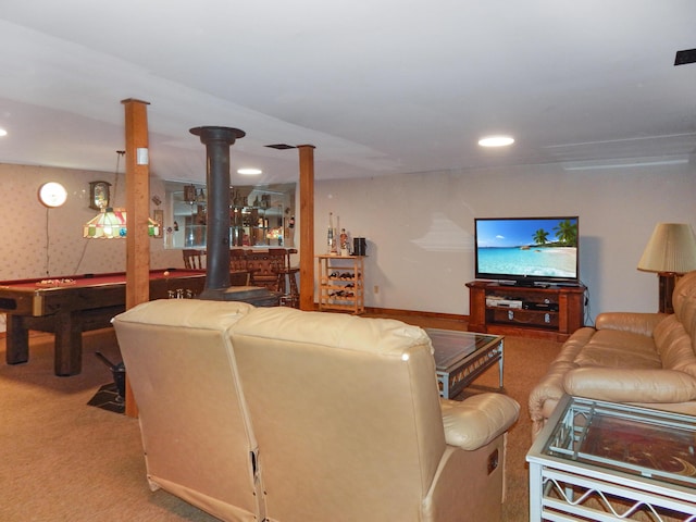 carpeted living area with recessed lighting and pool table