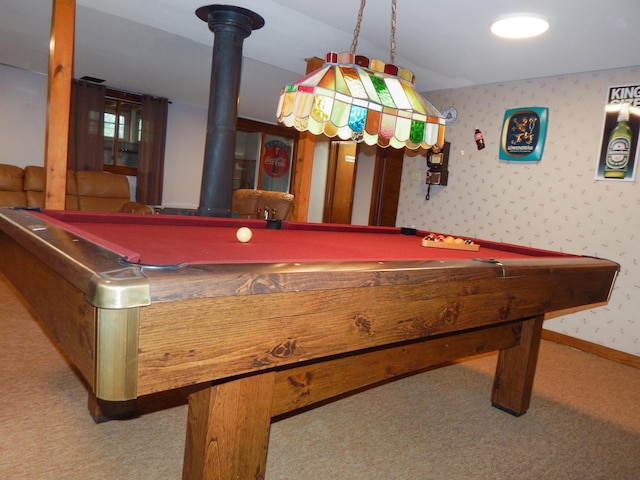 rec room featuring carpet floors, pool table, wallpapered walls, and baseboards