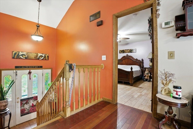 2602 Pocono Forested Dr, East Stroudsburg, PA 18302 - hallway featuring an upstairs landing, hardwood / wood-style floors, and high vaulted ceiling