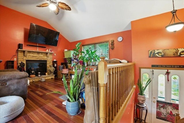 2602 Pocono Forested Dr, East Stroudsburg, PA 18302 - living area featuring a ceiling fan, hardwood / wood-style flooring, vaulted ceiling, plenty of natural light, and a fireplace