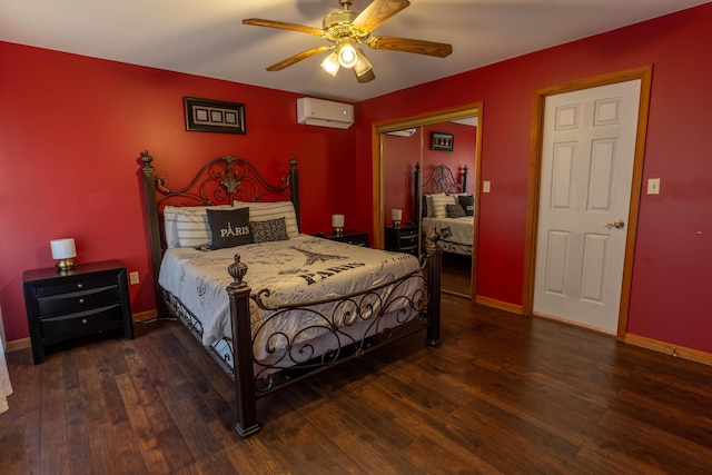 bedroom featuring a closet, a wall mounted AC, wood finished floors, and baseboards