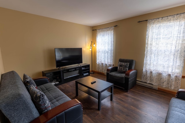 living room with a baseboard radiator, wood finished floors, and baseboards