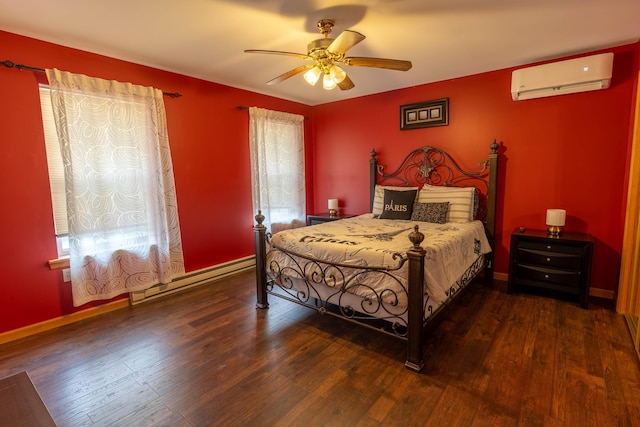 bedroom with a wall mounted air conditioner, wood finished floors, a baseboard radiator, and baseboards