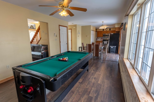 playroom featuring billiards, dark wood finished floors, a ceiling fan, and baseboards