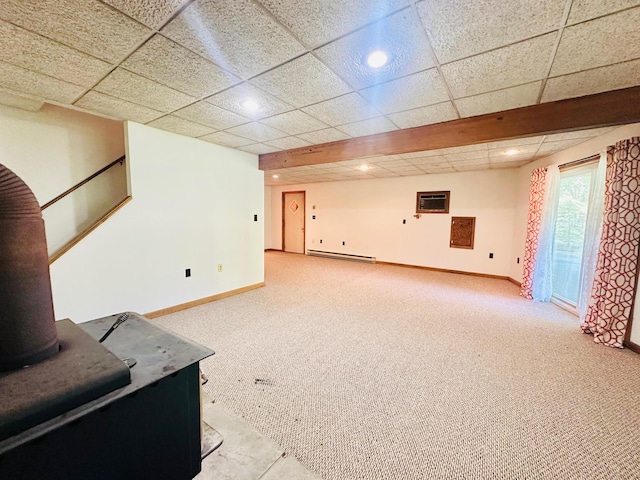 2383 Eagle Path, Bushkill, PA 18324 - below grade area featuring a baseboard heating unit, carpet flooring, a paneled ceiling, and a wall mounted air conditioner