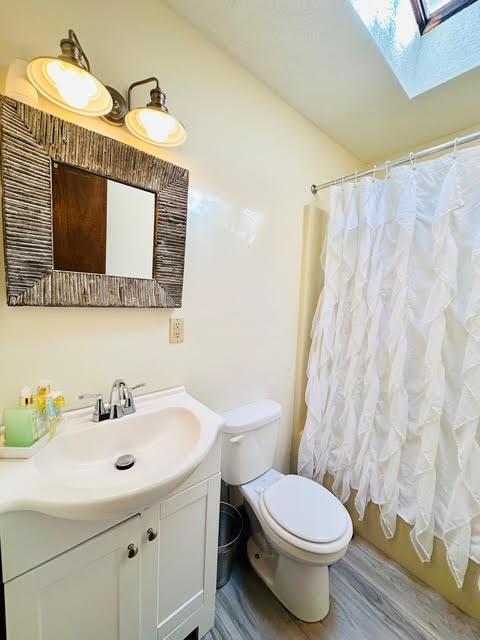 2383 Eagle Path, Bushkill, PA 18324 - bathroom with a skylight, vanity, wood finished floors, and vaulted ceiling