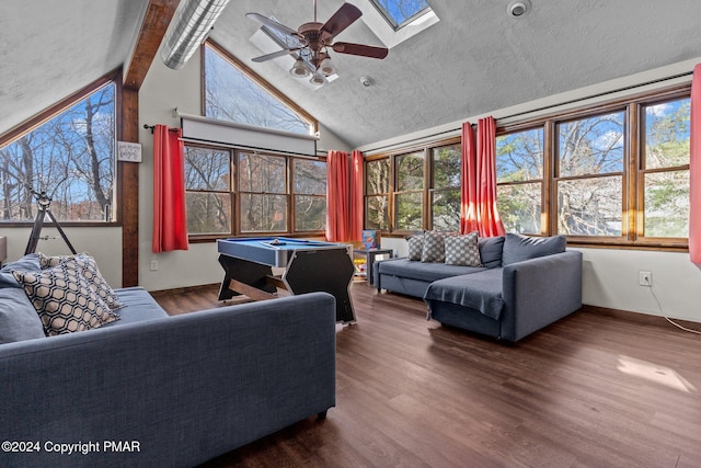 156 Poplar Pl, Blakeslee, PA 18610 - living area with a skylight, baseboards, a ceiling fan, wood finished floors, and beamed ceiling