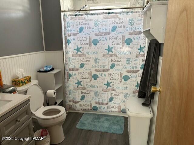 bathroom with vanity, a shower with shower curtain, wood finished floors, a wainscoted wall, and toilet