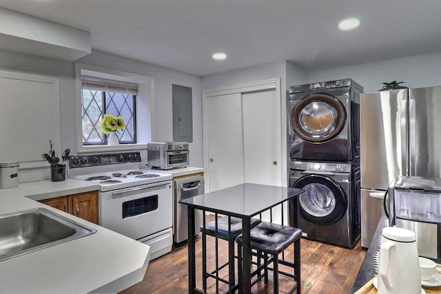 3360 Rte 940, Mount Pocono, PA 18344 - kitchen featuring recessed lighting, stacked washer and dryer, electric panel, dark wood-type flooring, and appliances with stainless steel finishes