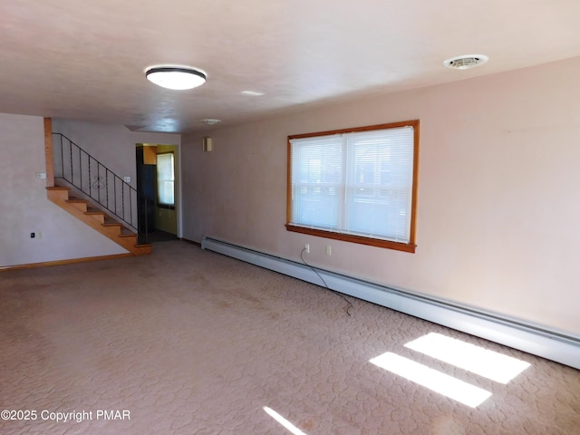 empty room featuring visible vents, baseboards, stairs, carpet flooring, and a baseboard radiator