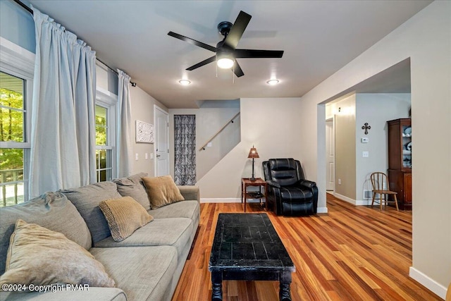 172 Steep Hill Rd, Cresco, PA 18326 - living room with wood finished floors, stairs, and ceiling fan