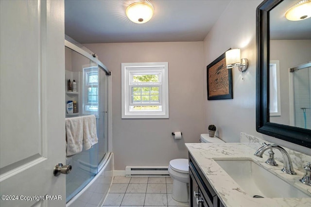 172 Steep Hill Rd, Cresco, PA 18326 - full bathroom with a baseboard heating unit, vanity, enclosed tub / shower combo, and tile patterned flooring