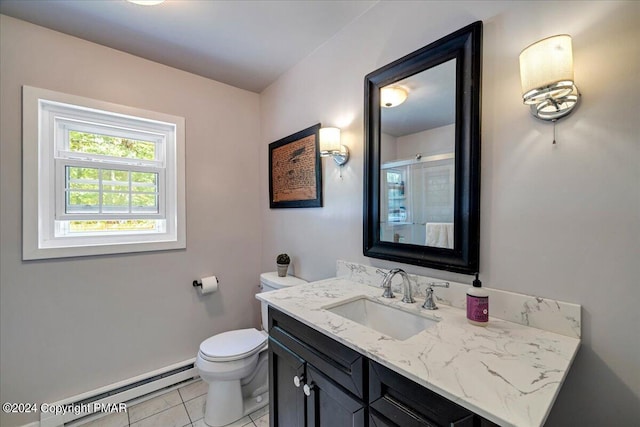 172 Steep Hill Rd, Cresco, PA 18326 - bathroom with baseboard heating, vanity, tile patterned flooring, and an enclosed shower