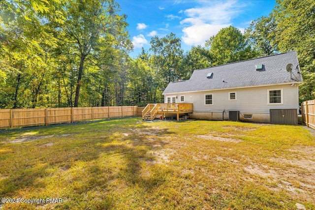 172 Steep Hill Rd, Cresco, PA 18326 - back of property with a wooden deck, a fenced backyard, and a shingled roof