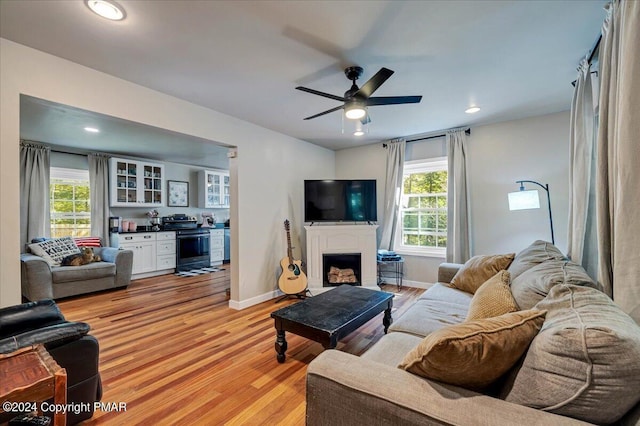 172 Steep Hill Rd, Cresco, PA 18326 - living area featuring plenty of natural light, light wood-style flooring, ceiling fan, recessed lighting, and a fireplace