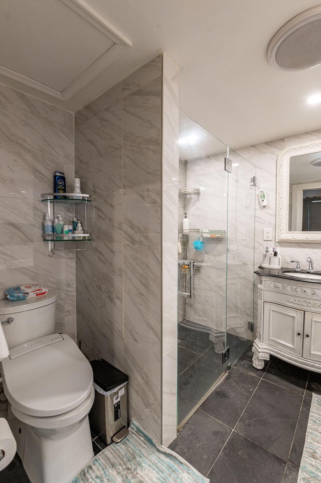 1555 Longleaf Dr, Effort, PA 18330 - full bathroom with tile walls, a marble finish shower, vanity, and marble finish flooring