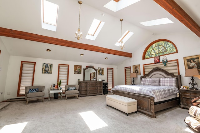 1555 Longleaf Dr, Effort, PA 18330 - bedroom with a skylight, carpet floors, high vaulted ceiling, and beam ceiling