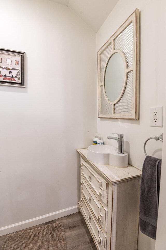 1555 Longleaf Dr, Effort, PA 18330 - bathroom with vanity, wood finished floors, and vaulted ceiling