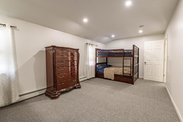 1555 Longleaf Dr, Effort, PA 18330 - carpeted bedroom featuring a baseboard heating unit, lofted ceiling, and recessed lighting