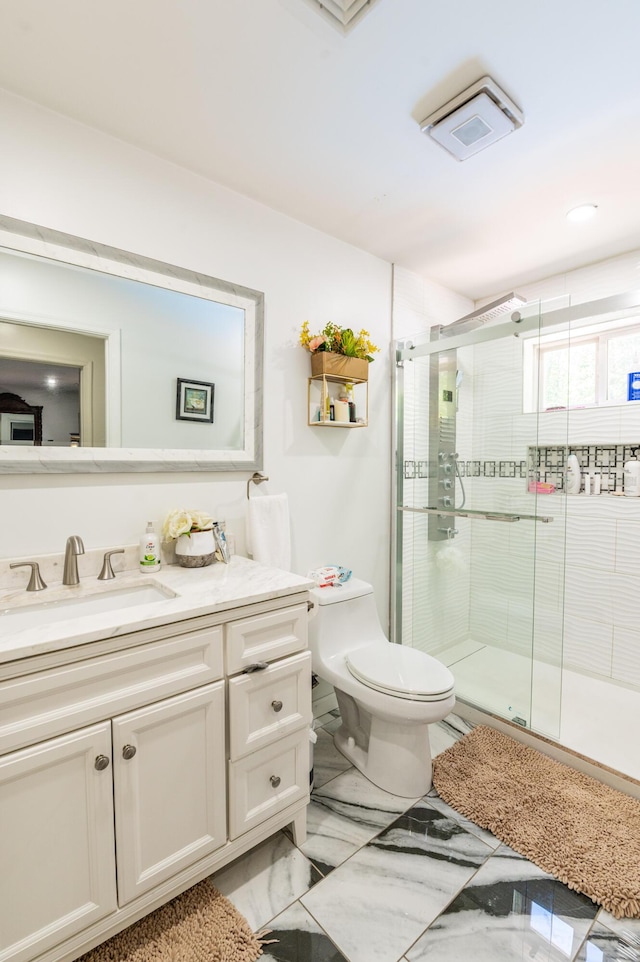 1555 Longleaf Dr, Effort, PA 18330 - bathroom featuring vanity, a stall shower, and marble finish flooring
