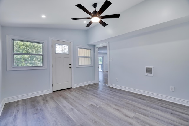 3109 Snowden Dr, Bushkill, PA 18324 - foyer entrance featuring vaulted ceiling, light wood finished floors, ceiling fan, and recessed lighting